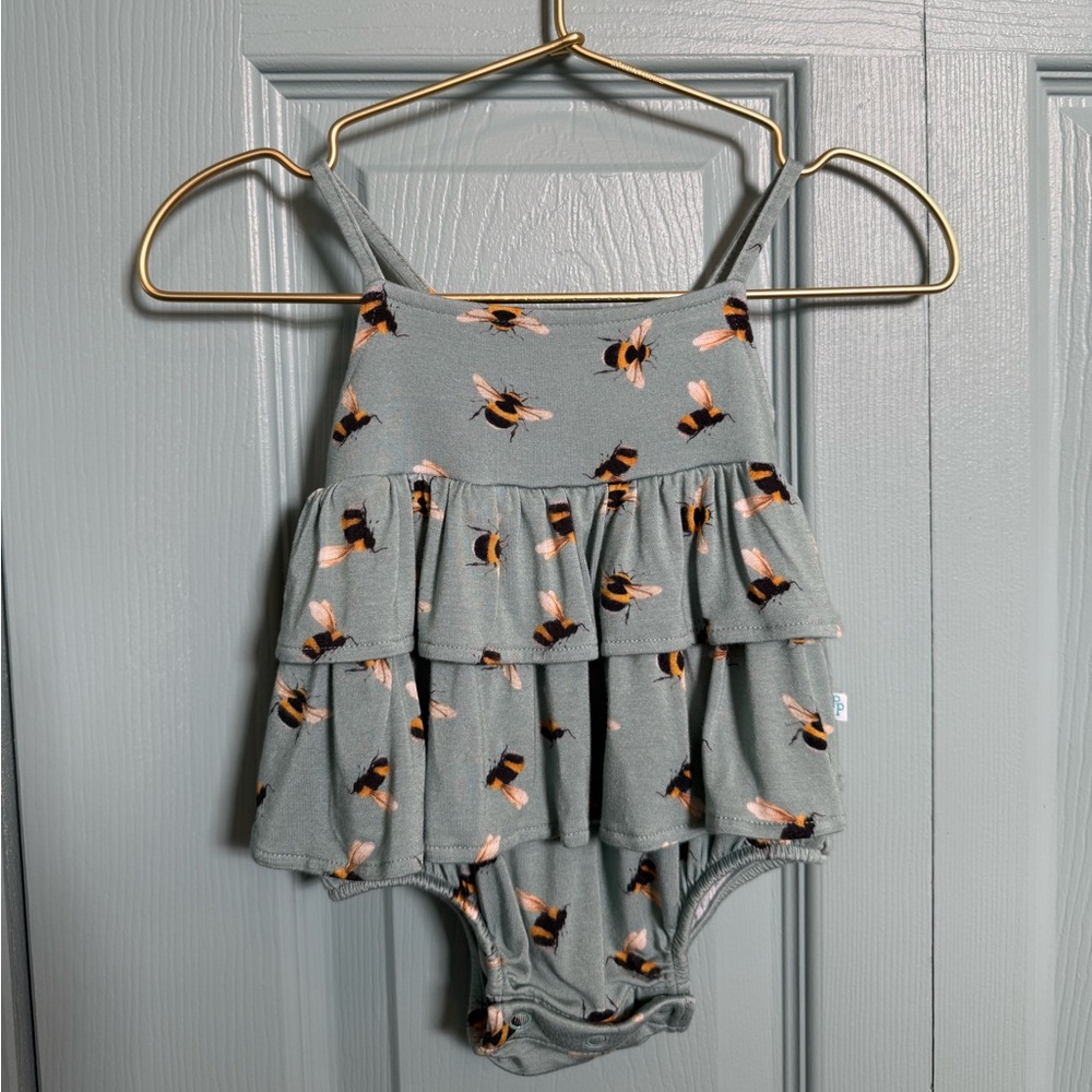 Posh Peanut Bee Print Tiered Ruffle Baby Romper